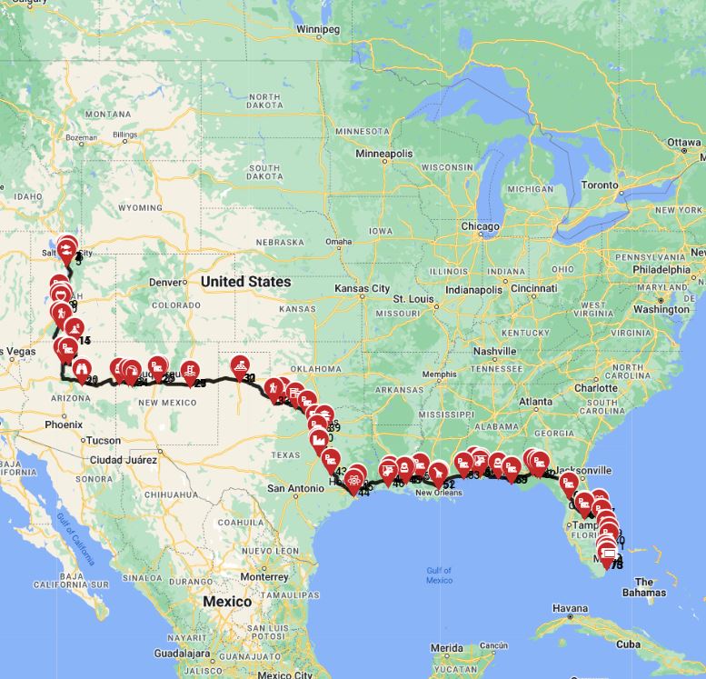 RV trip planner Salt Lake City to Miami motorhome road trip